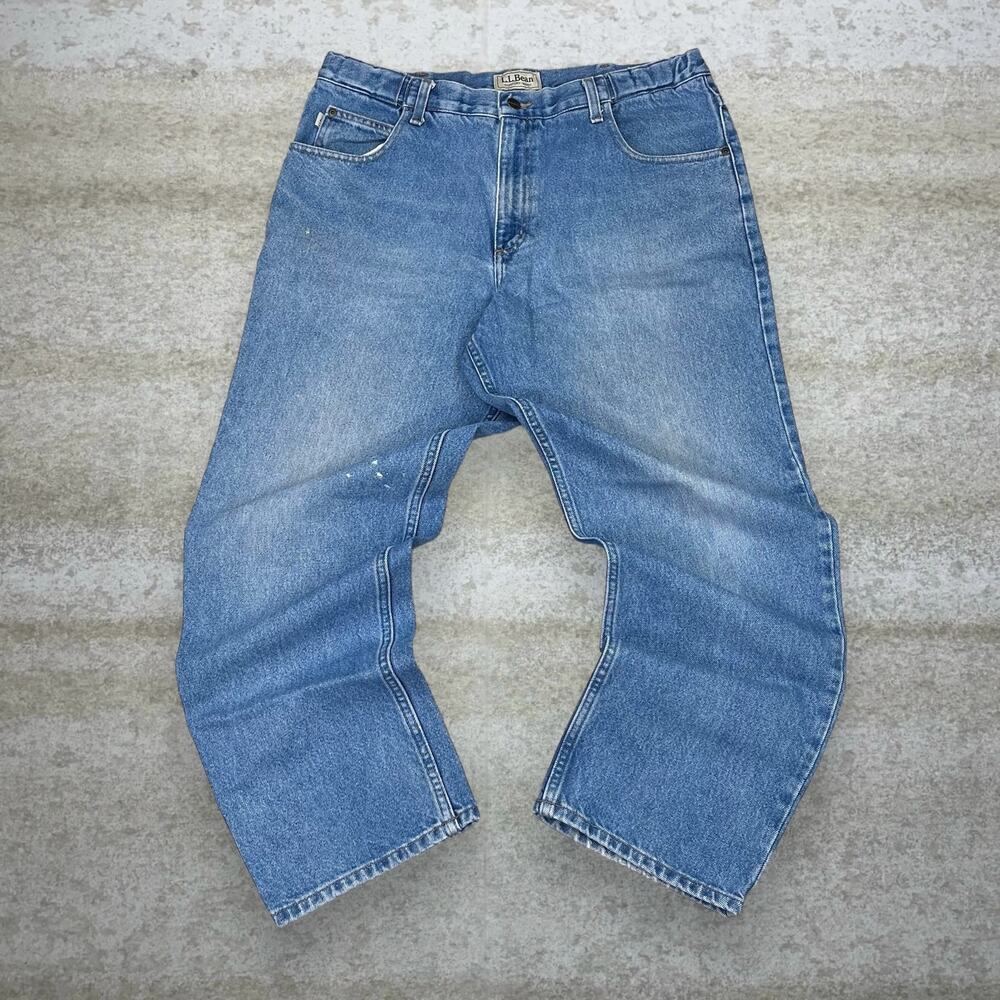 Vintage Y2K LL Bean Jeans 36x30 Baggy Wide Leg Light Wash Denim Leather Logo - Picture 2 of 4